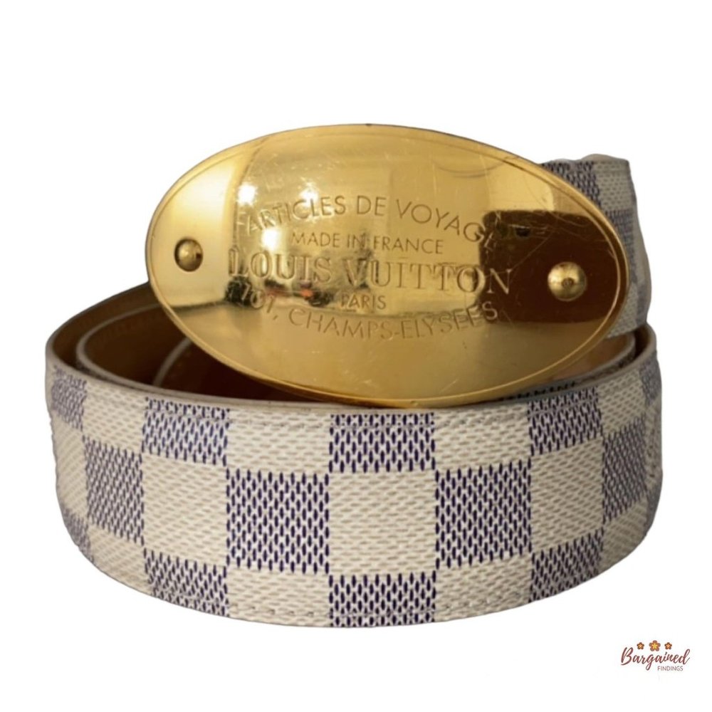 Authentic Louis Vuitton Damier Azur Canvas Leather Voyage Belt Size 85/34 M9837